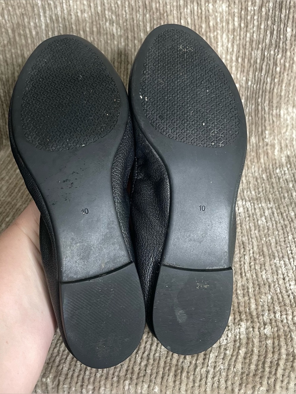 Tory Burch Black Leather Minnie Travel Ballet Flats Gold Logo Emblem Size 10 - Picture 5 of 9